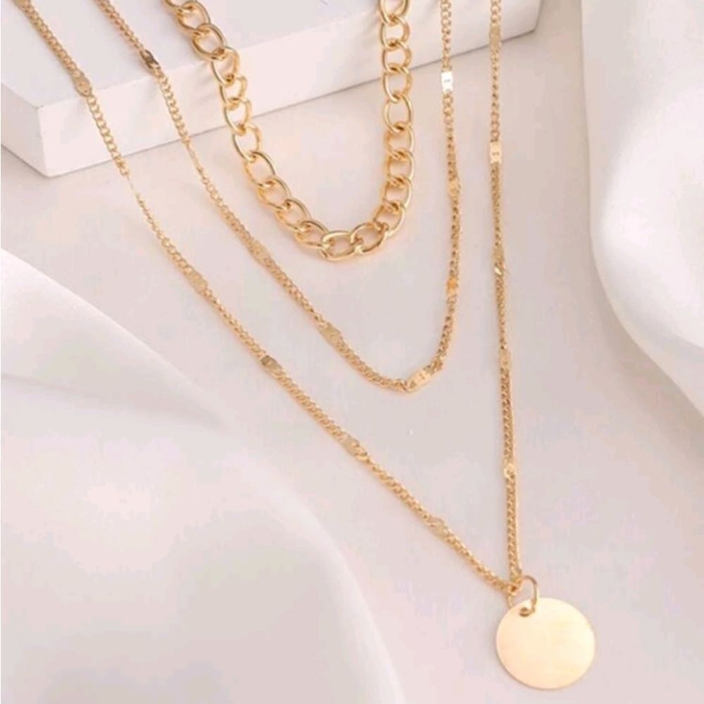 Chunky layered statement necklace set Boho gold plated chain link discs - Picture 2 of 4